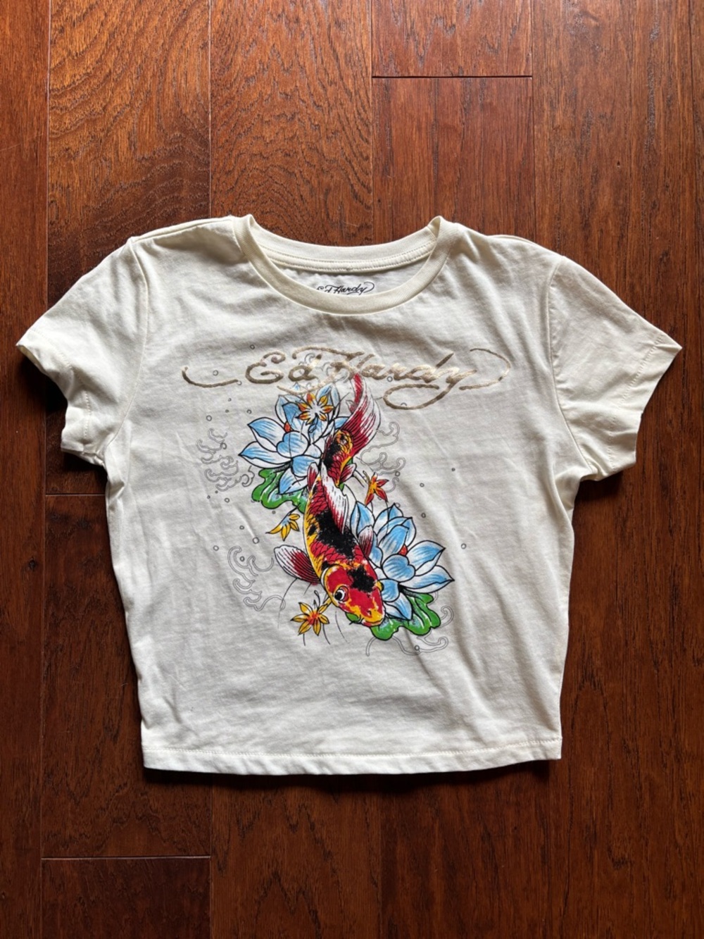 Ed Hardy Cream Koi Fish Graphic Tee | Size S | Floral Tattoo Style - Picture 4 of 9
